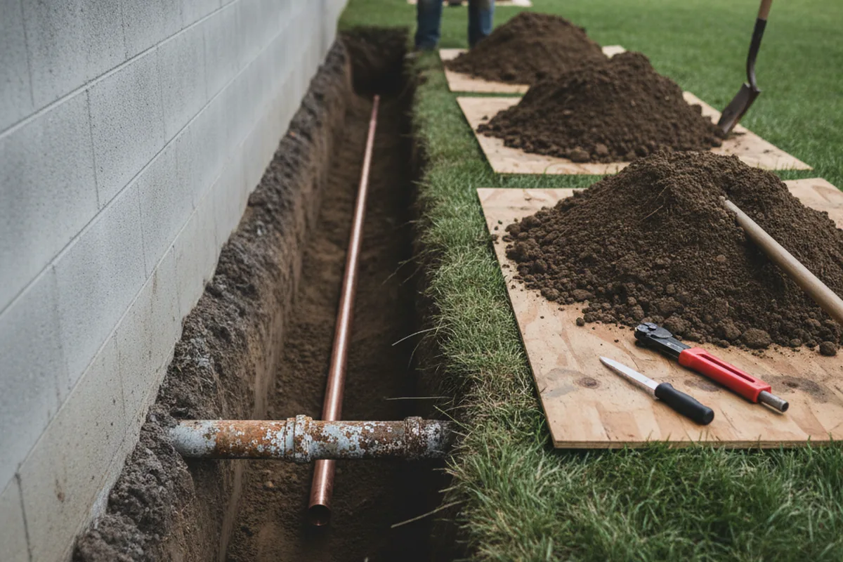 Excavated water line trench during Water Softener Installation in Sidman